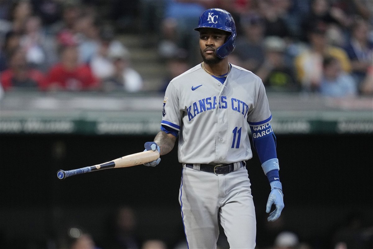 Kansas City Royals' Maikel Garcia (11) walks in the ninth inning of a baseball game against the Cleveland Guardians, Friday, July 7, 2023, in Cleveland. (AP Photo/Sue Ogrocki)