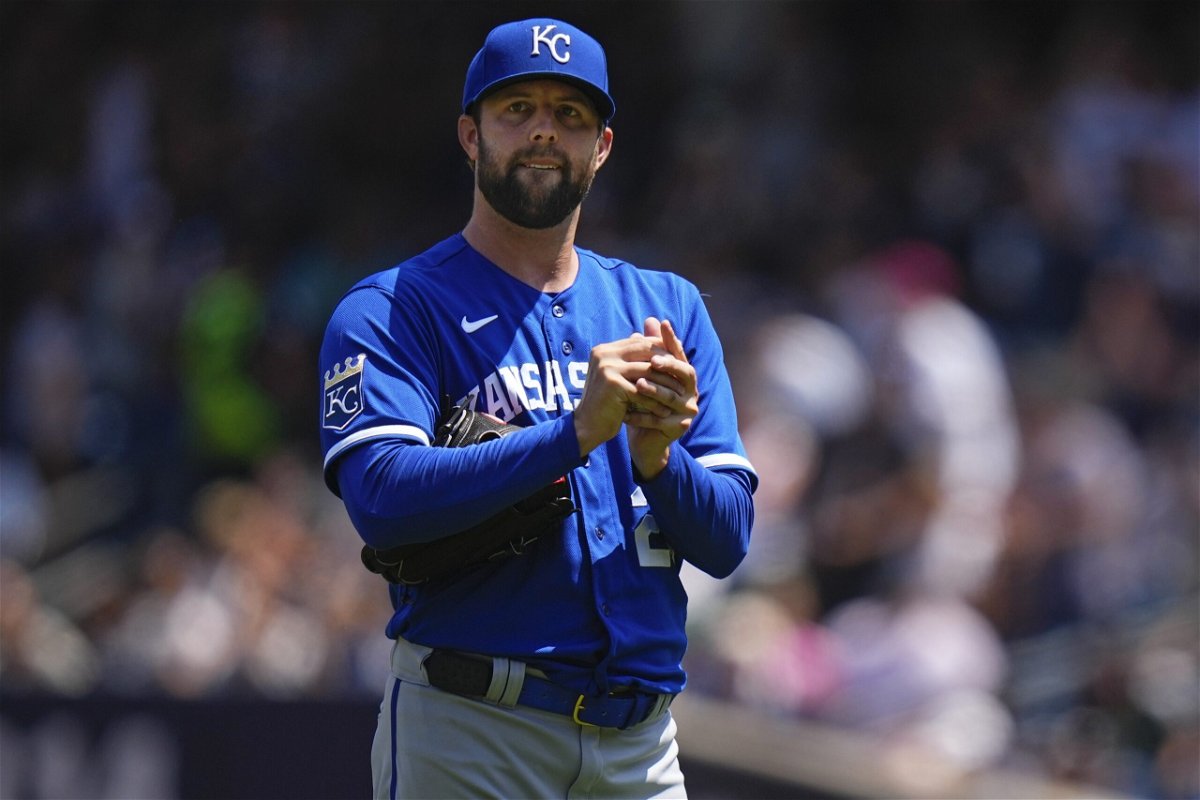 Kansas City Royals starting pitcher Jordan Lyles reacts as New York Yankees' Gleyber Torres runs the bases after hitting a two-run home run during the first inning of a baseball game Sunday, July 23, 2023, in New York. 