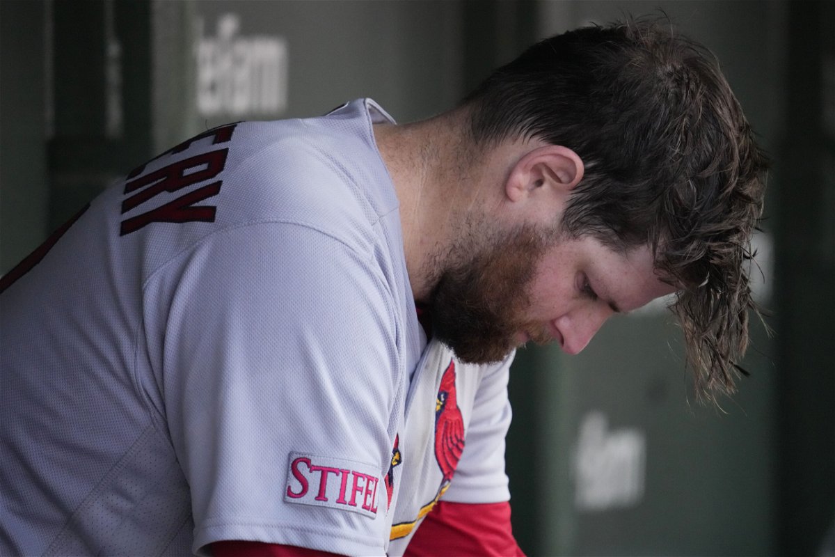 St. Louis Cardinals starting pitcher Jordan Montgomery sits on the bench in the dugout during the second inning of a baseball game against the Chicago Cubs in Chicago, Sunday, July 23, 2023. 