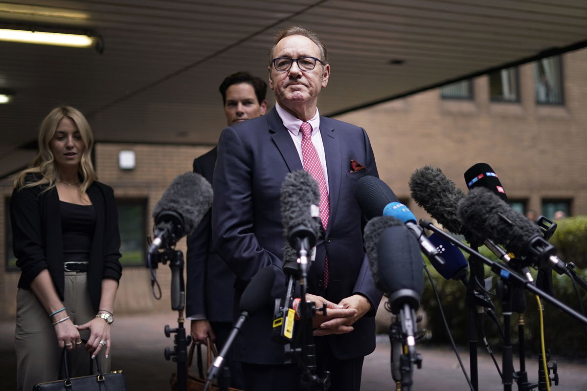 Actor Kevin Spacey addresses the media outside Southwark Crown Court in London, Wednesday, July 26, 2023. A Jury cleared Kevin Spacey of nine sex offenses. The Hollywood star, 64, had been on trial at Southwark Crown Court accused of sexually assaulting four men in the period between 2001 and 2013.