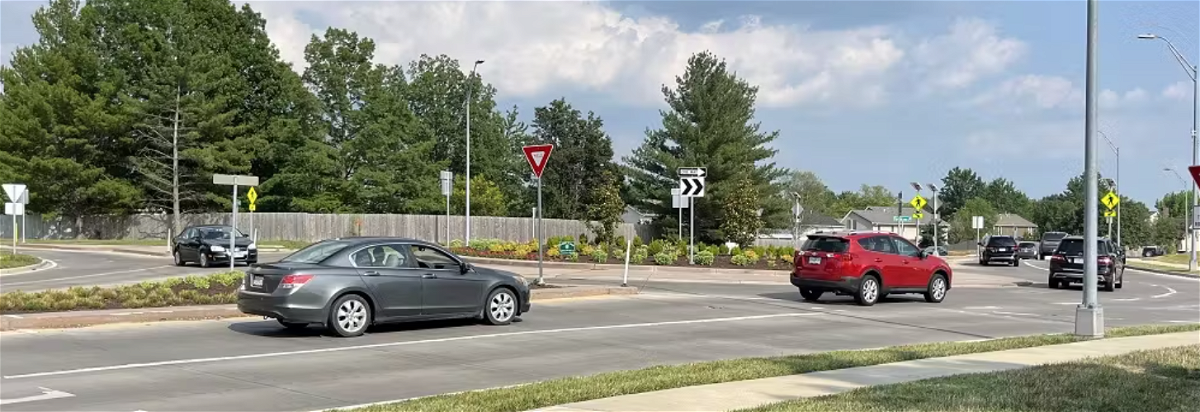This photo shows a roundabout at the intersection of Green Meadows Road and Forum Boulevard. The City of Columbia is asking residents for feedback and understanding of roundabouts.