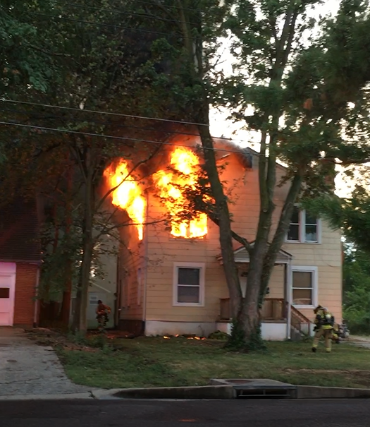 This still frame from a video shows a house on fire Wednesday evening in the 800 block of Hardin Street in Columbia. No people were hurt, but one dog died, according to fire officials.