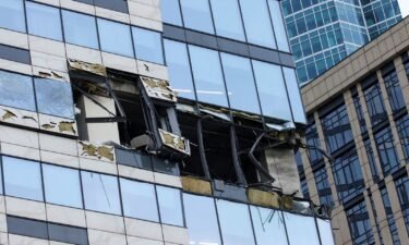 A view shows the damaged facade of an office building in the Moscow City following a reported Ukrainian drone attack in Moscow