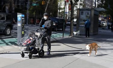 A man speaks on a phone while pushing a child in a stroller and walking a dog on April 20