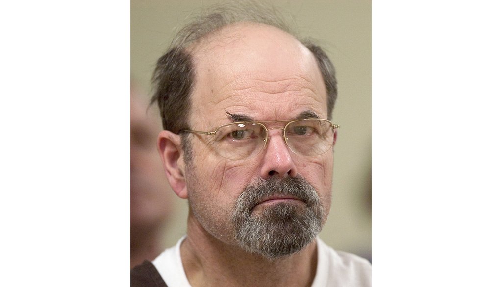 FILE - Convicted BTK killer Dennis Rader listens during a court proceeding, Oct. 12, 2005, in El Dorado, Kan. On Wednesday, Aug. 23, 2023, authorities in Oklahoma and Missouri said they are investigating whether the BTK serial killer was responsible for other homicides, with their search leading them to dig on Tuesday, Aug. 22, near his former Kansas property.