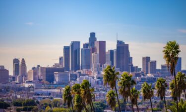 A view of downtown Los Angeles with palm trees in the foreground is seen here.