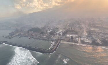 A satellite image shows an overview of wildfire destruction in Lahaina on August 10.