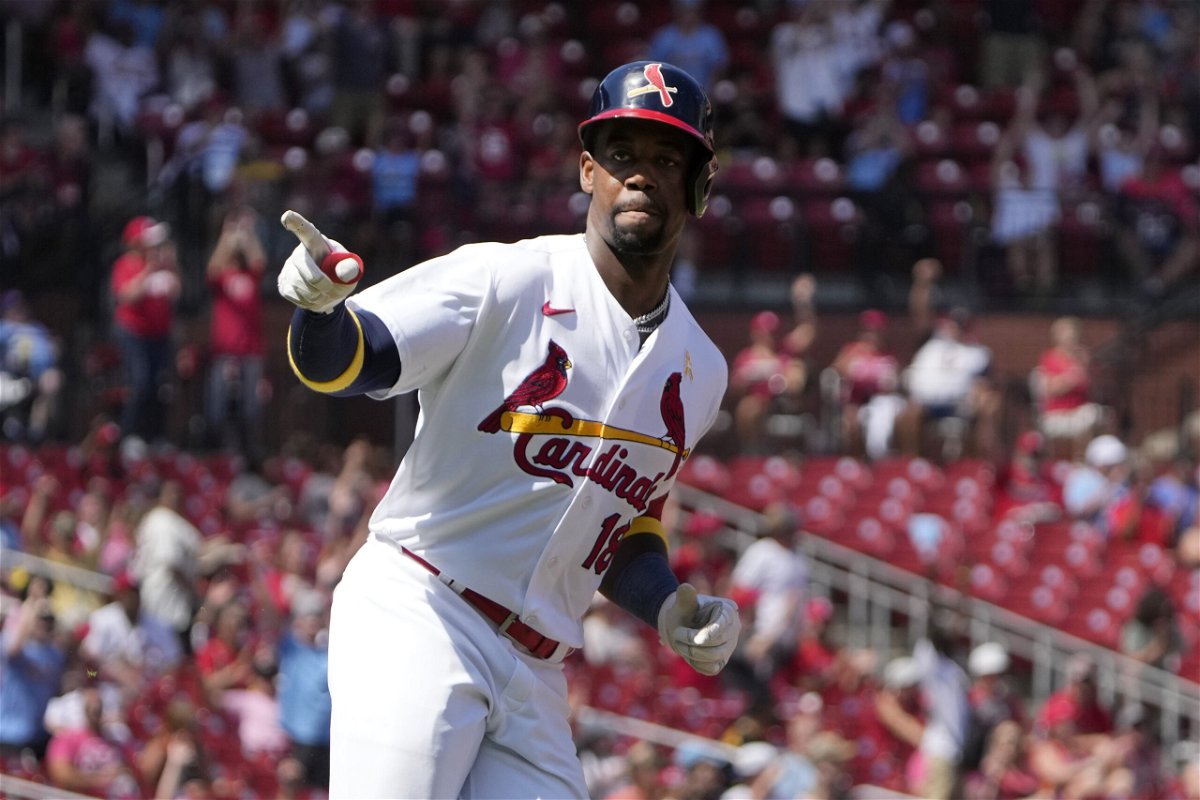 St. Louis Cardinals' Jordan Walker celebrates after hitting a solo home run during the third inning of a baseball game against the Pittsburgh Pirates Sunday, Sept. 3, 2023, in St. Louis. 