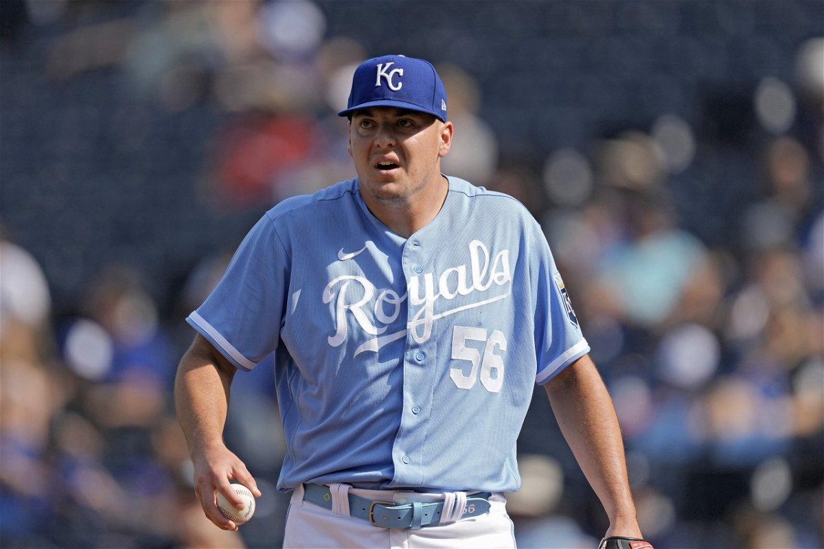 Kansas City Royals starting pitcher Brad Keller reacts after walking in a run during the ninth inning of a baseball game against the Houston Astros Sunday, Sept. 17, 2023, in Kansas City, Mo. The Astros won 7-1. 