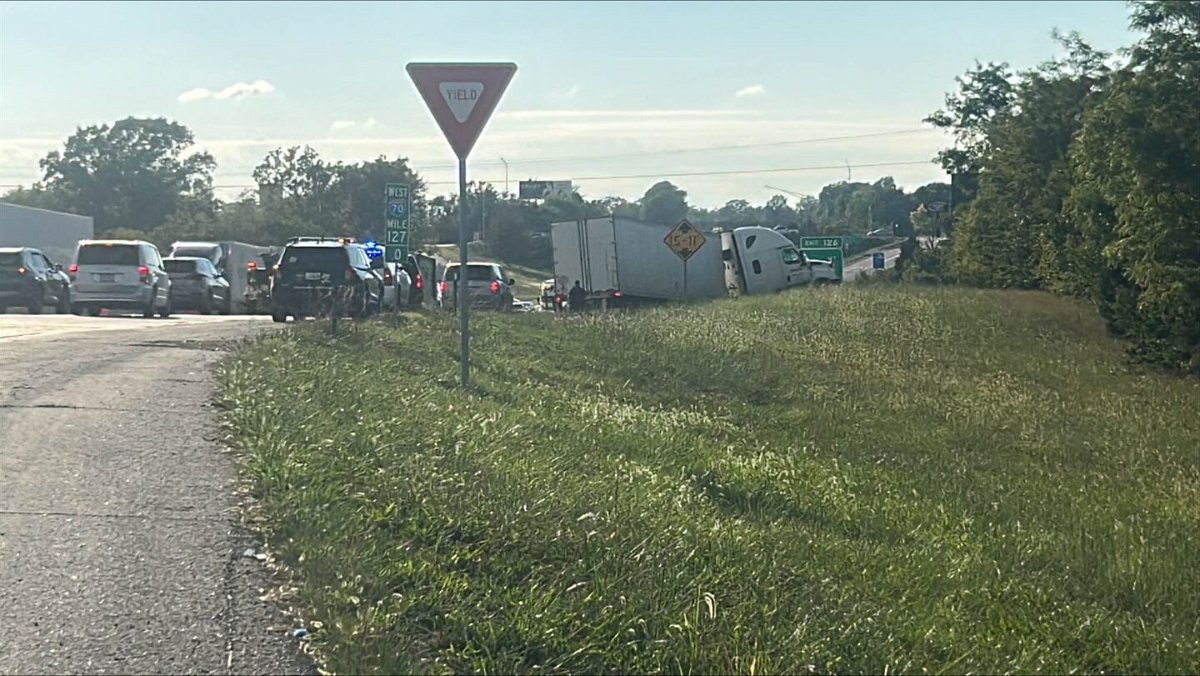 A crash involving a tractor-trailer slows traffic on westbound Interstate 70 near Providence Road in Columbia on Friday, Sept. 22, 2023.
