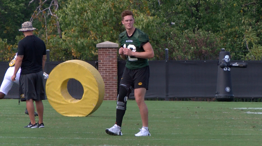 Mizzou quarterback Brady Cook sported a leg brace during practice on Tuesday, Sept. 19, after he hyperextended his knee against No. 15 Kansas State. 