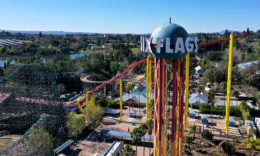 An aerial drone view shows the Six Flags Discovery Kingdom theme park on February 24