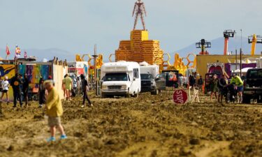 A still from a drone video shows waterlogged campsites at Burning Man on Saturday