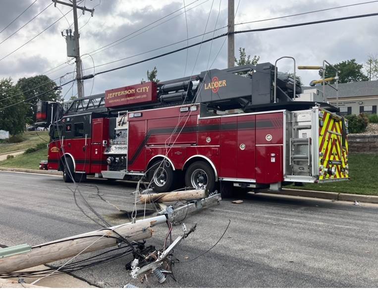 Power lines fell on a Jefferson City  fire truck on Wednesday, according to an email from the department. No firefighters were on the truck when the lines fell. 