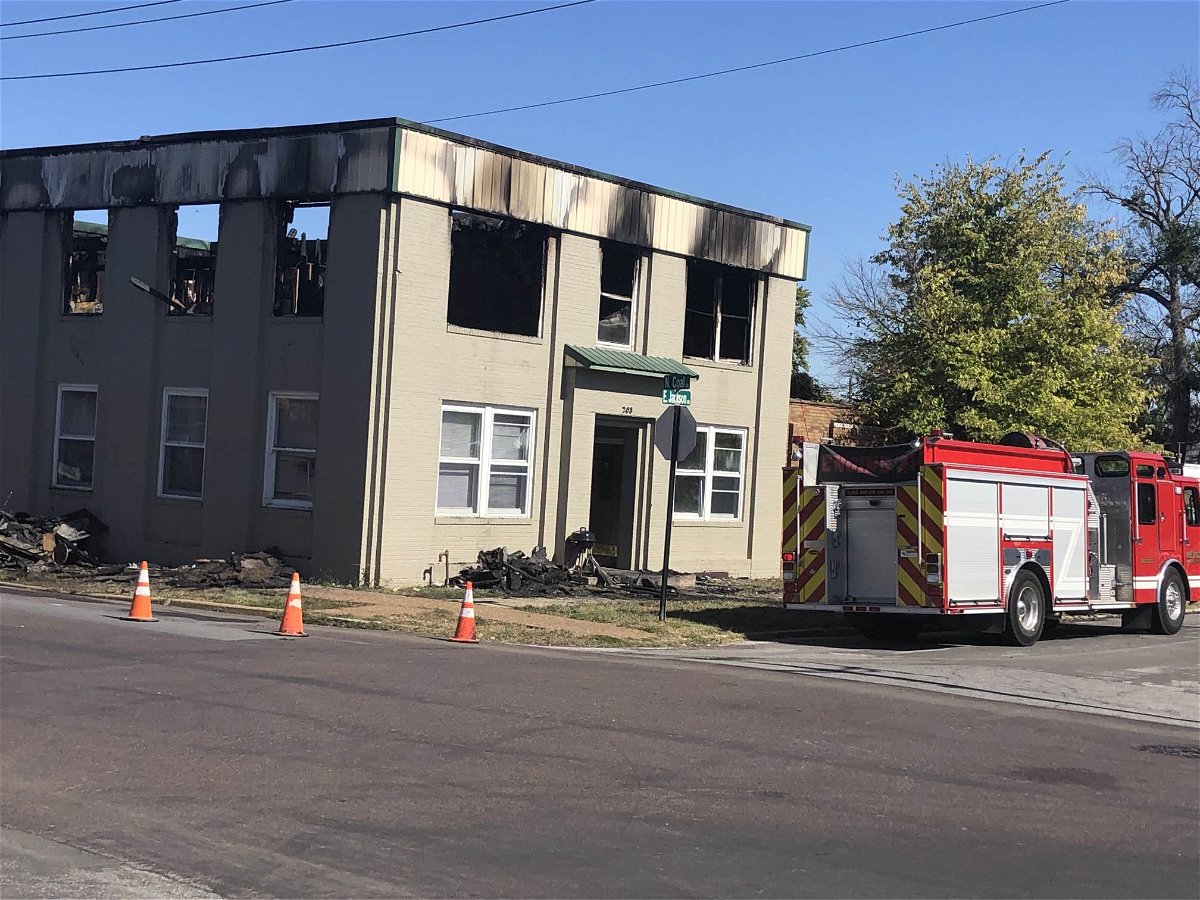 Fire damage is visible on an apartment building in Mexico, Missouri, on Monday, Oct. 9, 2023.