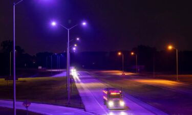 Defective LED street lights that have turned a sort of purple-violet color are shown near the I-29 exit to Dakota Dunes in Dakota Dunes