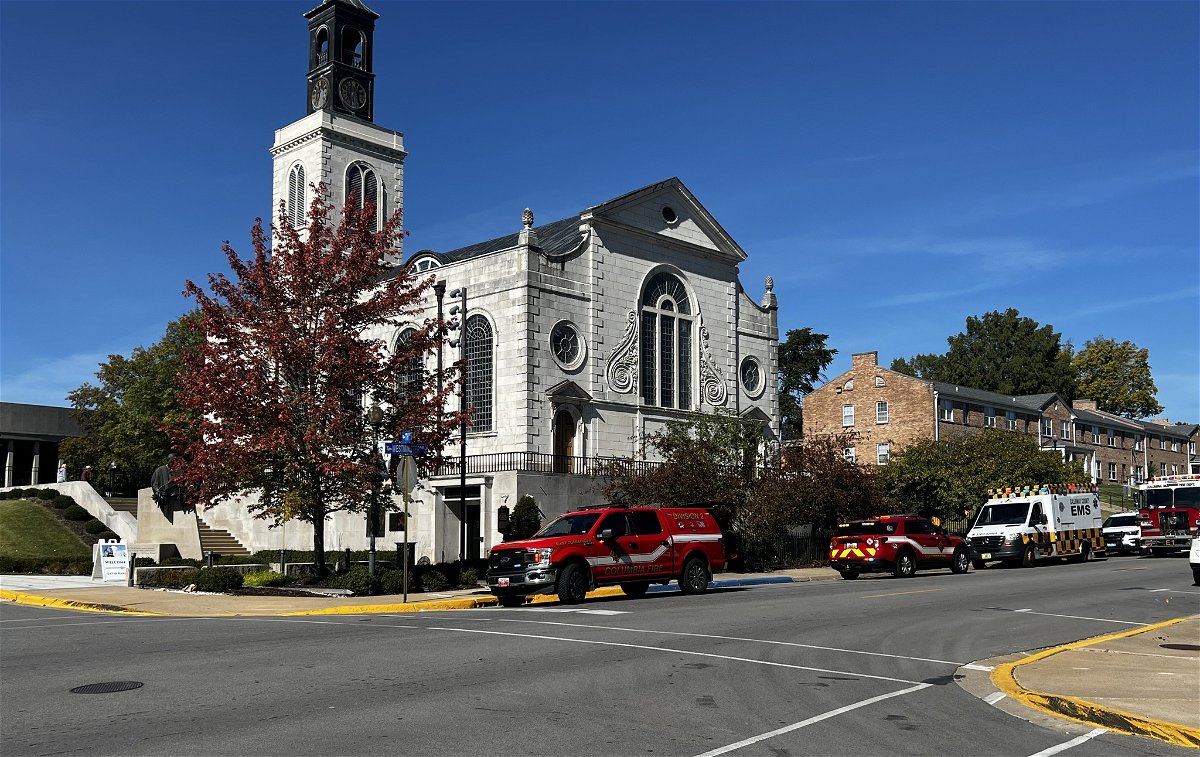 Fire department vehicles and an ambulance park outside America's Churchill Museum on the Westminster College campus in Fulton on Tuesday, Oct. 17, 2023.