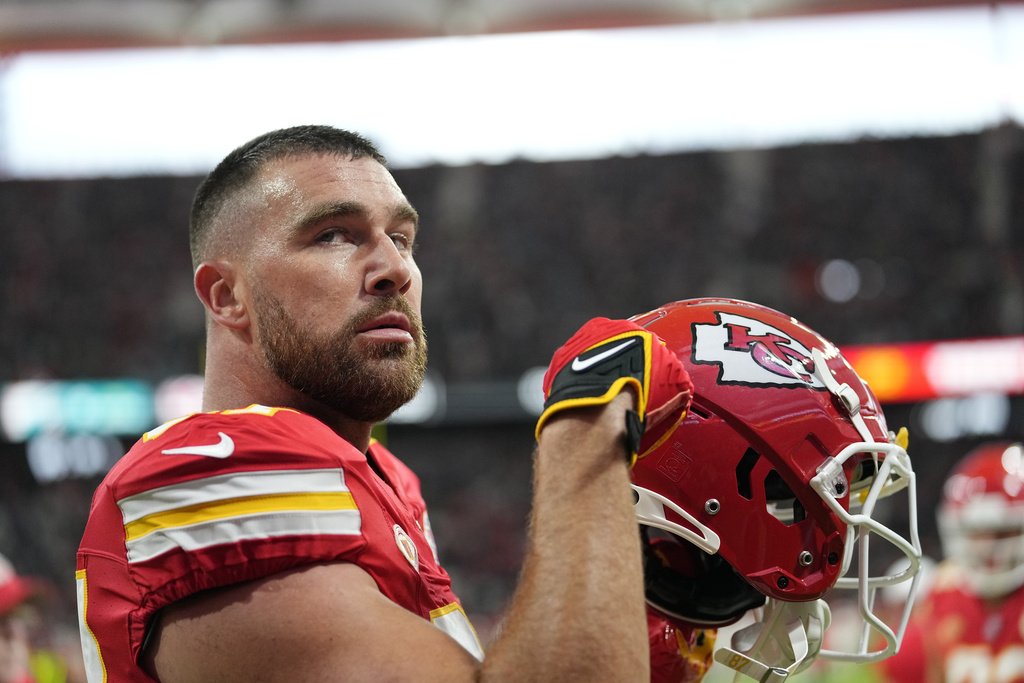 Kansas City Chiefs tight end Travis Kelce warms up before the start of an NFL football game against the Miami Dolphins Sunday, Nov. 5, 2023, in Frankfurt, Germany. 