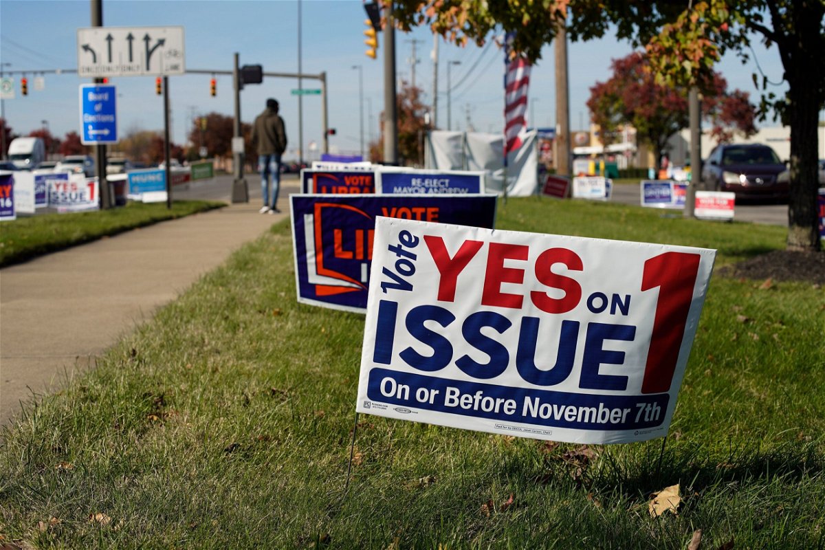 Signage in support of Issue 1 is seen on November 3, in Columbus, Ohio.
