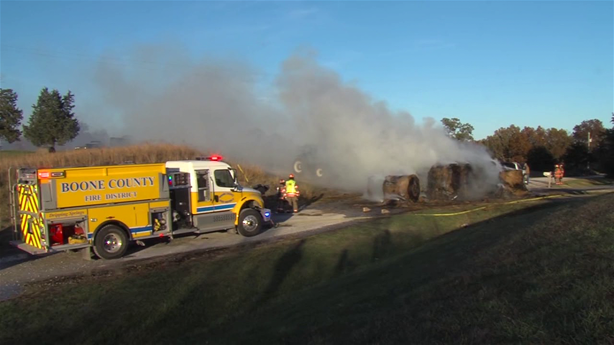 Boone County Fire Protection District crews working to put out hay bales on fire on Nov. 1.