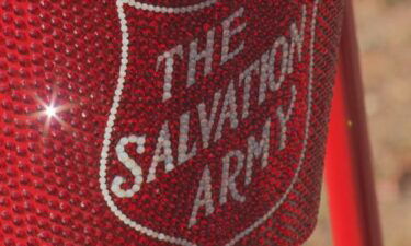 A bedazzled Salvation Army kettle is pictured in Waltham.
