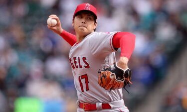 Ohtani pitches against the Seattle Mariners in April.