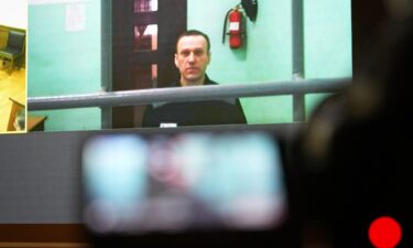 Alexei Navalny is seen on a TV screen as he appears by video link at a court hearing in Moscow on June 22