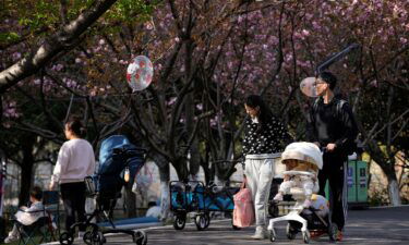 Families walk through a park in Shanghai last year.