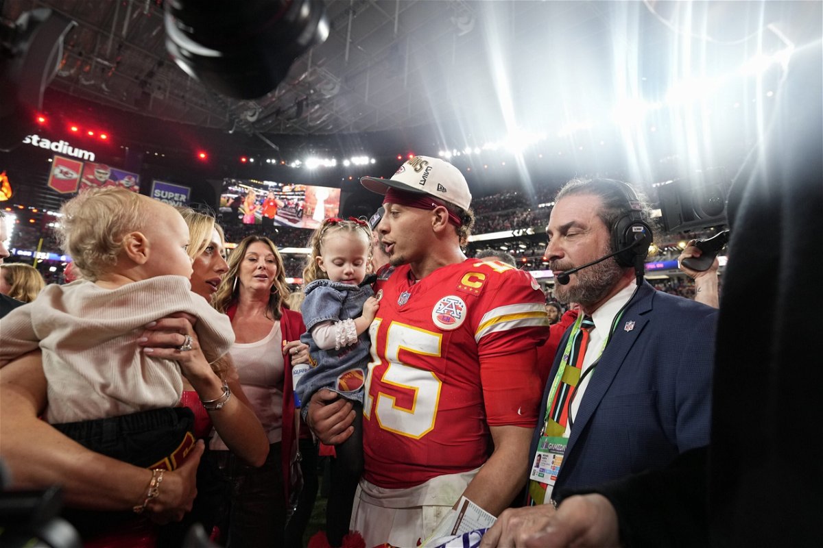 Kansas City Chiefs quarterback Patrick Mahomes (15) celebrates with his wife, Brittany Mahomes and children after the NFL Super Bowl 58 football game against the San Francisco 49ers Sunday, Feb. 11, 2024, in Las Vegas. The Chiefs won 25-22 against the 49ers. 