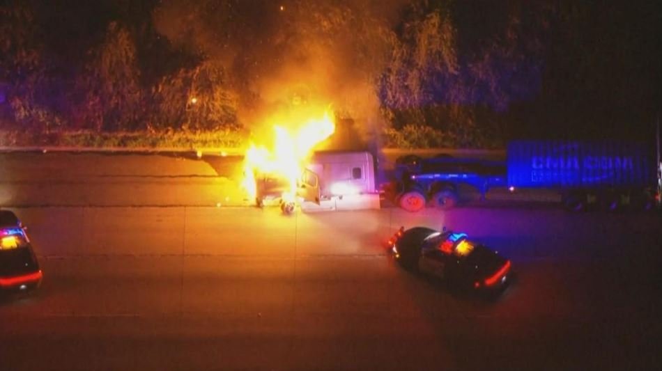 <i>KCAL via CNN Newsource</i><br/>A stolen big rig led officers on a cross-county pursuit before bursting into flames near Rancho Cucamonga