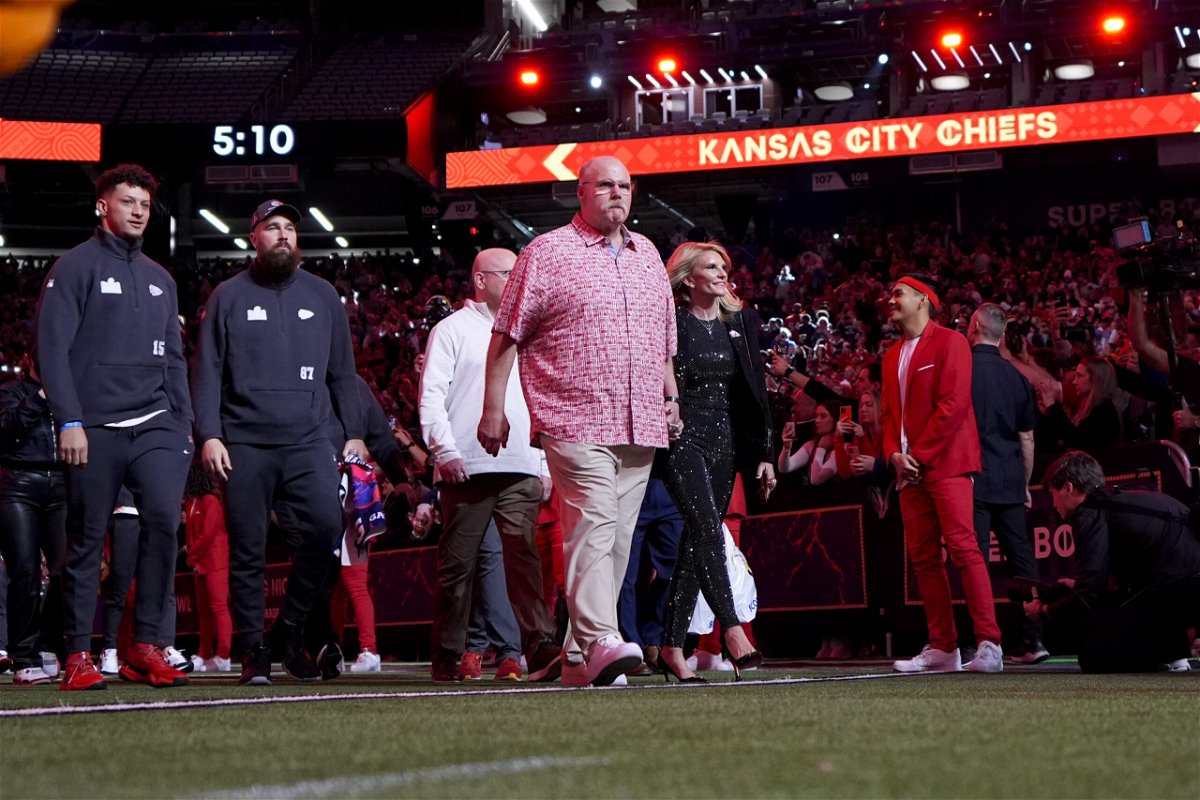 Kansas City Chiefs head coach Andy Reid, quarterback Patrick Mahomes and tight end Travis Kelce arrive for the NFL football Super Bowl 58 opening night Monday, Feb. 5, 2024, in Las Vegas. The San Francisco 49ers face the Kansas City Chiefs in Super Bowl 58 on Sunday. 