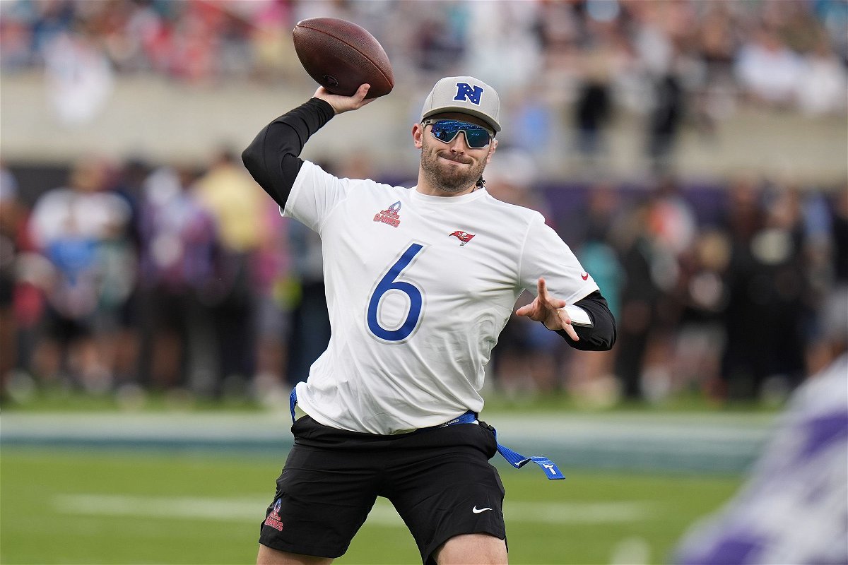 Tampa Bay Buccaneers quarterback Baker Mayfield throws for the NFC against the AFC during the flag football event at the 2024 NFL Pro Bowl.
