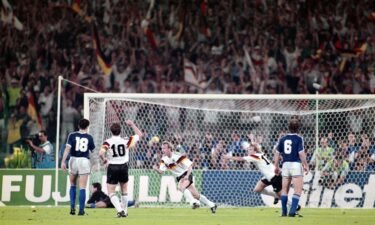 Andreas Brehme celebrates after scoring the winning goal from the penalty spot for West Germany in the 1990 World Cup final against Argentina.