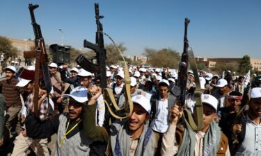 Newly recruited Houthi fighters attend a protest march against the US-led strikes on Yemen and the Israeli war in the Gaza Strip on Wednesday