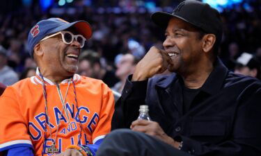 Spike Lee and Denzel Washington during the first half of an NBA basketball game between the Los Angeles Lakers and the New York Knicks in 2023.