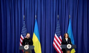 Ukrainian President Volodymyr Zelensky and US Vice President Kamala Harris attend a news conference during the Munich Security Conference in Munich on February 17