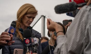 USAID chief Samantha Powers gives a press conference after visiting the humanitarian hub welcoming refugees from Nagorno-Karabakh in September 2023 in Kornidzor