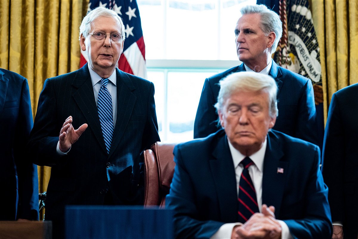 Senate GOP Leader Mitch McConnell has endorsed Donald Trump for the presidency. In this March 2020 photo, Senate Majority Leader Mitch McConnell speaks as House Minority Leader Kevin McCarthy and President Donald Trump listen during a signing ceremony in Washington, DC.
