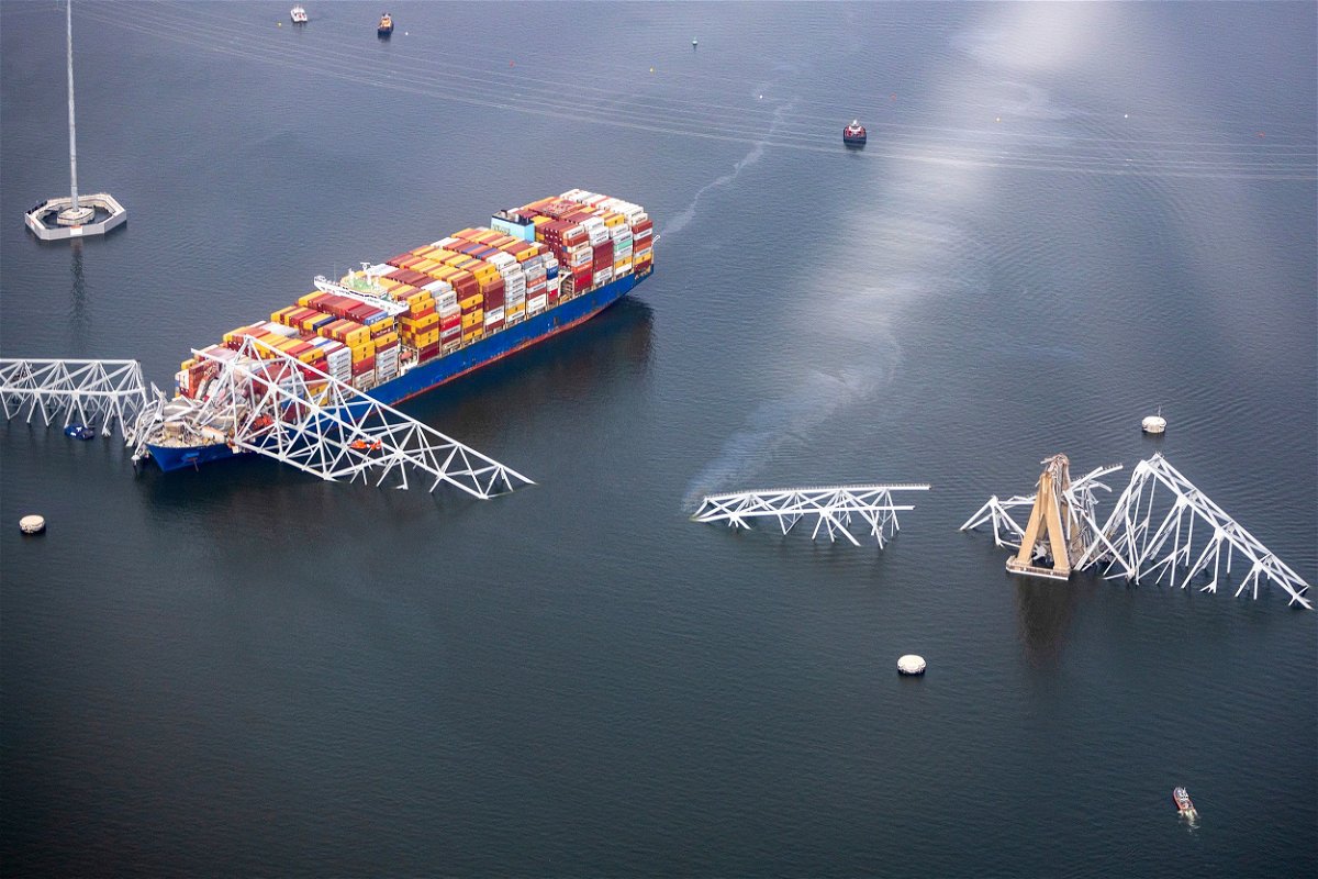 In an aerial view, cargo ship Dali is seen after running into and collapsing the Francis Scott Key Bridge on March 26, in Baltimore, Maryland.
