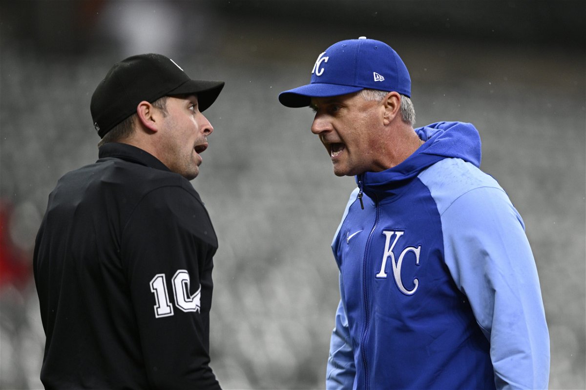Kansas City Royals manager Matt Quatraro, right, argues with home plate umpire Paul Clemons, left, after a play where Bobby Witt Jr. was tagged out in a rundown between third and home against the Baltimore Orioles during the first inning of a baseball game, Wednesday, April 3, 2024, in Baltimore. (AP Photo/Nick Wass)