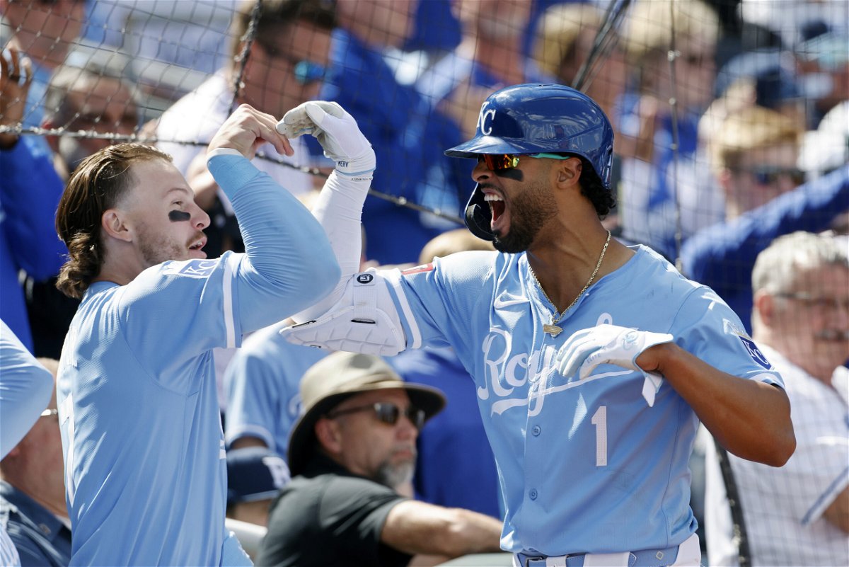 Kansas City Royals' MJ Melendez (1) celebrates with Bobby Witt Jr., left, after hitting a two-run home run during the seventh inning of a baseball game against the Chicago White Sox in Kansas City, Mo., Sunday, April 7, 2024. 