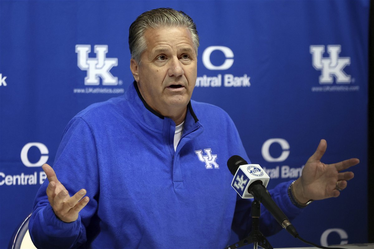 FILE - Kentucky coach John Calipari speaks to the press during Kentucky's NCAA college basketball media day in Lexington, Ky., Wednesday, Oct. 20, 2021. Calipari is stepping down as Kentucky's men's basketball coach after 15 years, saying Tuesday, April 9, 2024, on social media that the “program probably needs to hear another voice” amid reports that he's closing in on a deal with Arkansas to take over that Southeastern Conference program.