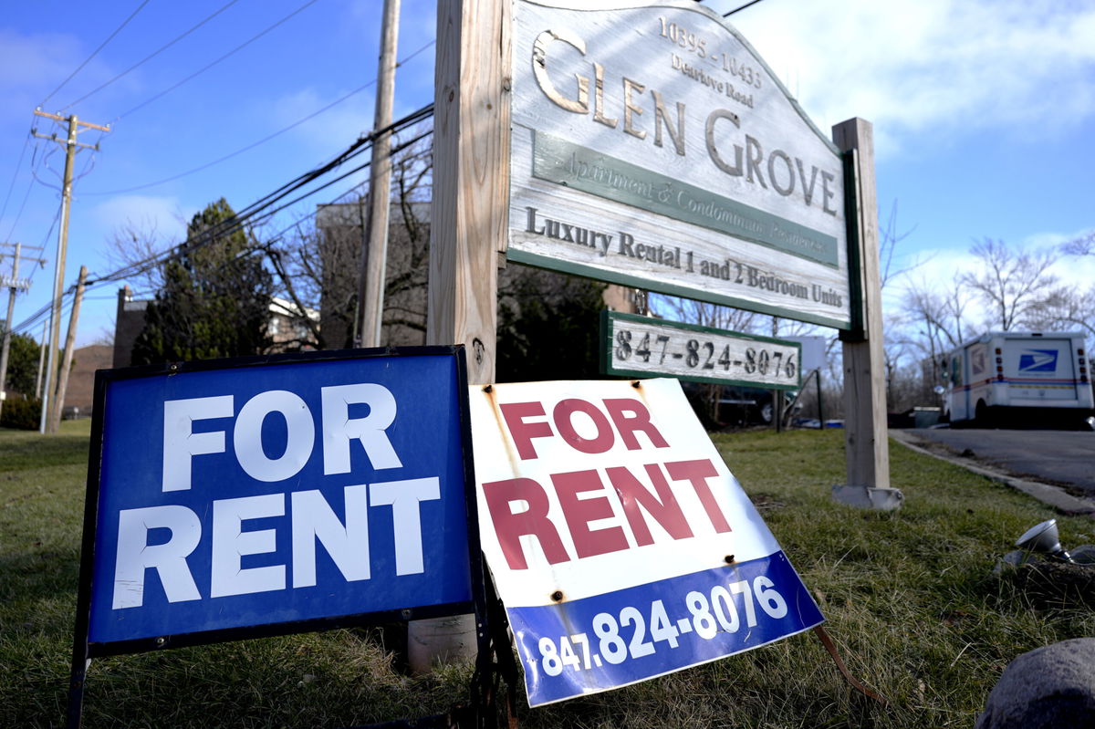 FILE - Signs for apartment rentals are displayed in Glenview, Ill., on Jan. 29, 2024. Consumer inflation remained persistently high last month, boosted by gas, rents, auto insurance and other items, the government said Wednesday. 