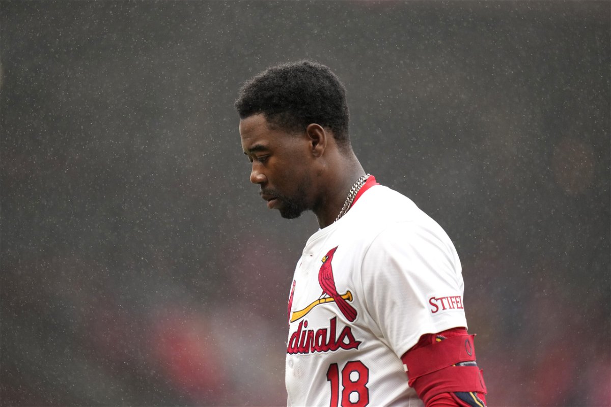 St. Louis Cardinals' Jordan Walker walks off the field after grounding into a double play to end a baseball game against the Philadelphia Phillies Wednesday, April 10, 2024, in St. Louis. The Phillies won 4-3. (AP Photo/Jeff Roberson)