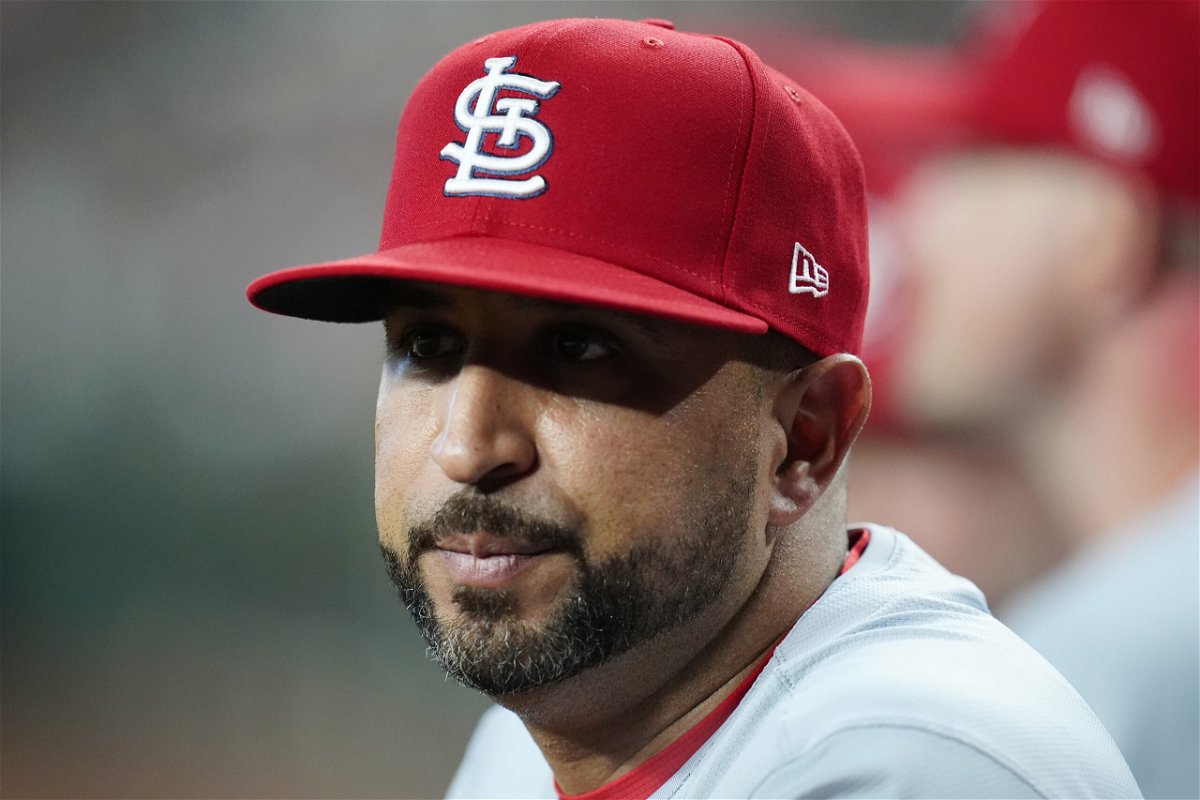 St. Louis Cardinals manager Oliver Marmol pauses in the dugout during the eighth inning of a baseball game against the Arizona Diamondbacks ,Sunday, April 14, 2024, in Phoenix. (AP Photo/Ross D. Franklin)