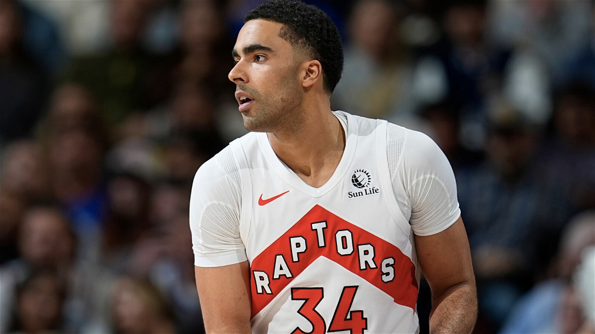 Toronto Raptors center Jontay Porter (34) in the first half of an NBA basketball game Monday, March 11, 2024, in Denver. NBA bans Porter after a gambling probe shows he shared information and bet on games.