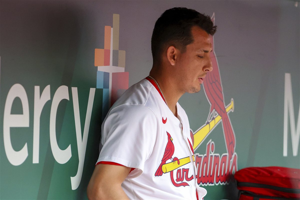 St. Louis Cardinals relief pitcher Giovanny Gallegos sits in the dugout after being removed from the mound during the seventh inning of a baseball game against the Chicago White Sox, Sunday, May 5, 2024, in St. Louis. 