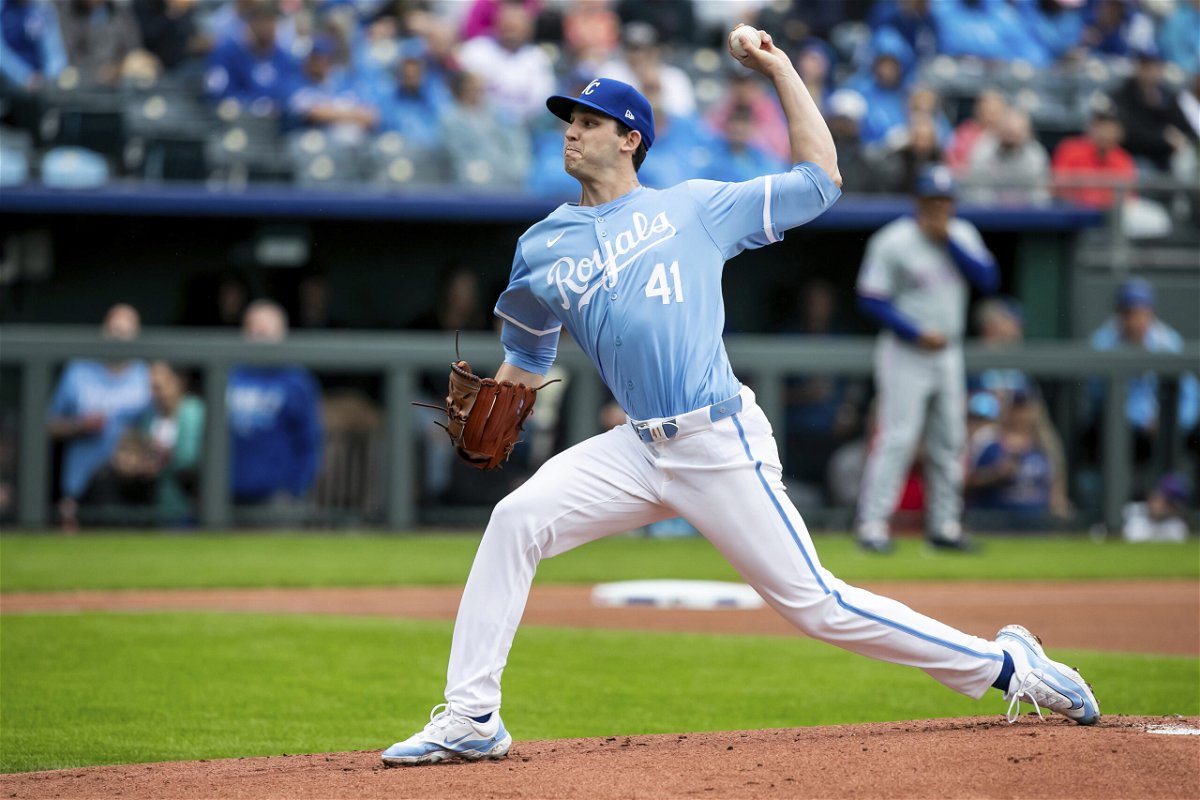 Kansas City Royals' Daniel Lynch IV pitches the ball during the first inning of a baseball game against the Texas Rangers, Sunday, May 5, 2024, in Kansas City, Mo. 