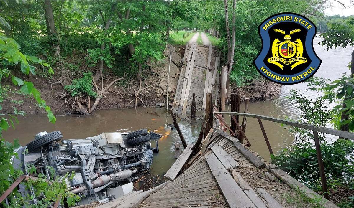 The Missouri State Highway Patrol tweeted this photo of a truck that fell into water after a bridge collapsed on Friday.