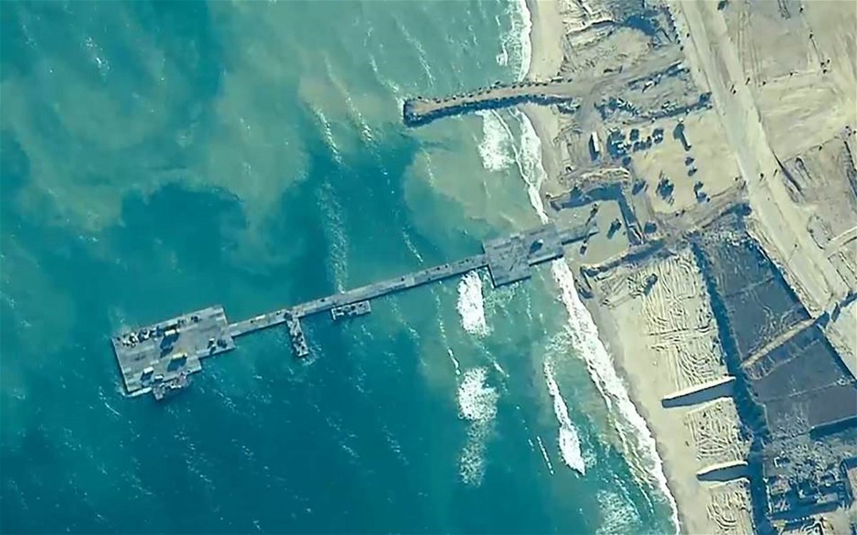 This handout image shows a temporary pier, part of the Joint Logistics Over-the-Shore capability, that will enable the maritime delivery of international humanitarian aid to the United Nations in Gaza for distribution to Palestinian people in need.
